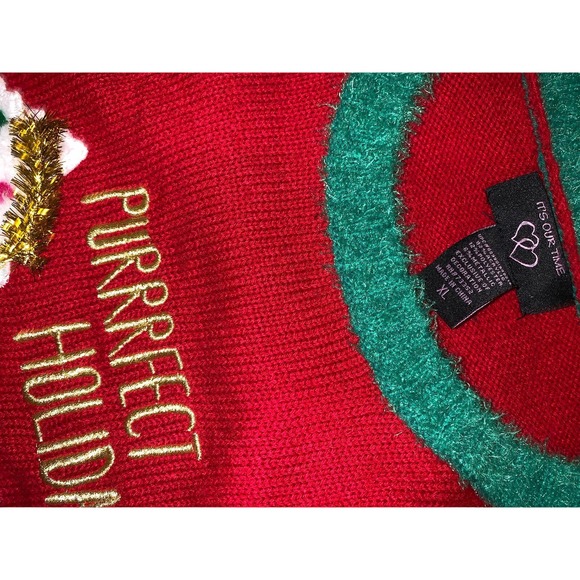 It’s Our Time Christmas Graphic Design Cat Embroidery Pattern Sweater, Size XL - Picture 4 of 11